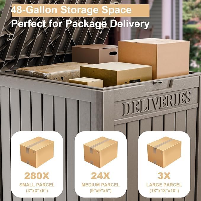 EasyUp Outdoor Package Delivery Box, 48-Gallon Lockable Parcel Drop Box, Large Double-Walled Resin Weatherproof Storage Deck Box for Porch and Patio (Gray)