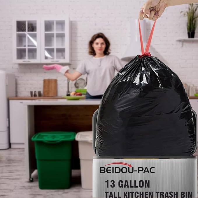 13 Gallon Trash Bags Drawstring, 500 Count Bulk Value Pack, Black & Unscented Garbage Bags, Multi-purpose Tall Kitchen Trash Bags Can Liners for Business Home Commercial and Industrial