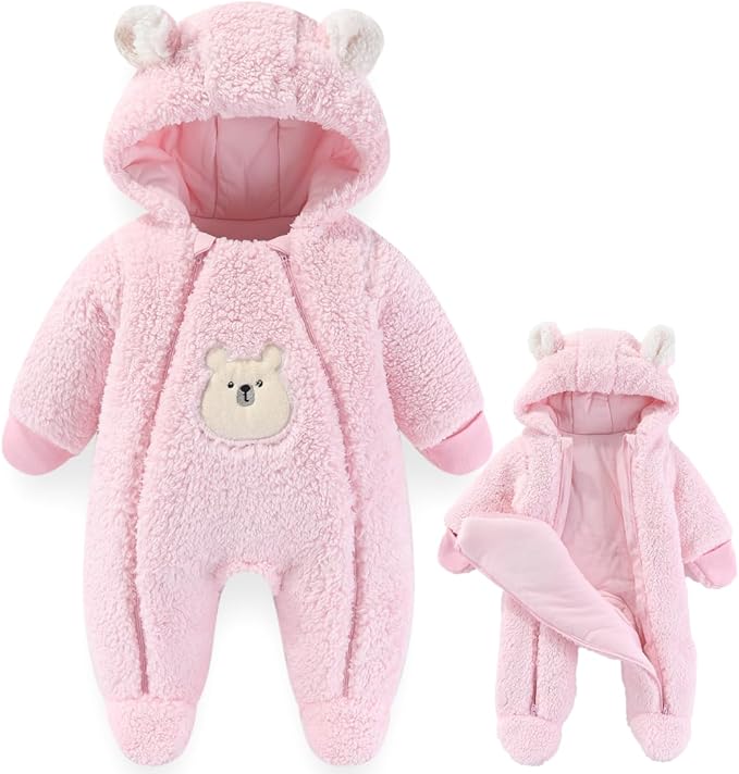 Fairy Baby Newborn Baby Winter Snowsuit Bear Thick Romper Footie Double Zip Hooded Jumpsuit Fleece Coat Infant Boy Girl 0-12M