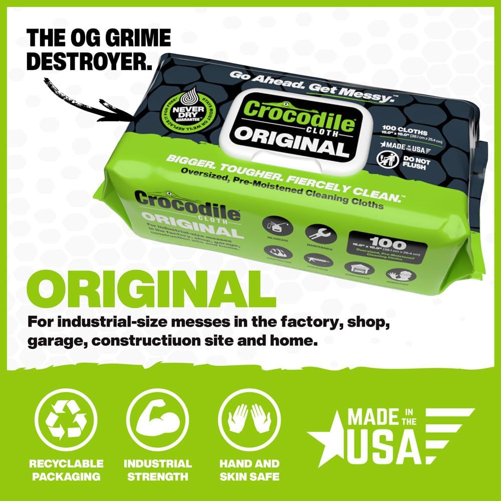 Crocodile Cloth Original Cleaning Wipes, 600 Count (6 Packs of 100) – Heavy-Duty 15” x 10” Multi-Surface Shop Wipes, Water-Based, Safe on Skin, Cuts Grease, Grime & Dirt