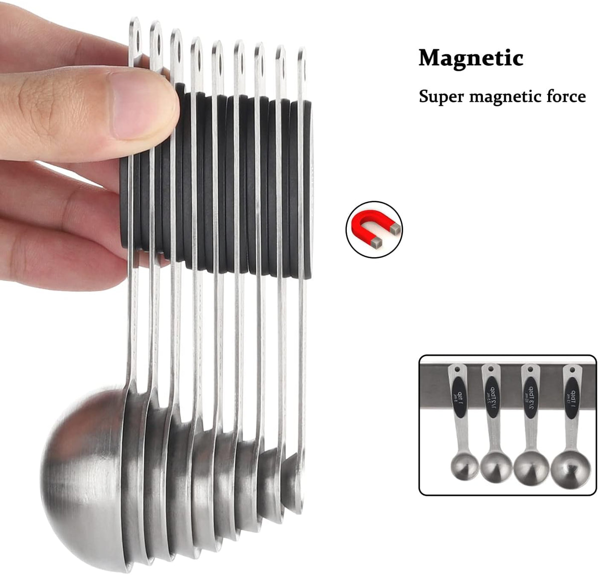 Magnetic Measuring Spoons Set of 9 Stainless Steel Stackable Measuring Spoons Heavy Duty Nesting Teaspoons Tablespoons for Measuring Dry and Liquid Ingredients