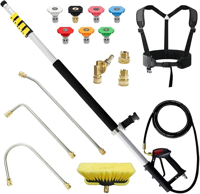 janz 24 FT, Aluminum Telescoping Pressure Washer Wand with 2 Pressure Washer Extension Wands,Gutter Cleaner Attachment, 7 Spray Nozzle Tips, 2 Hose Inlet Adapters, Pivoting Coupler and Support Harness