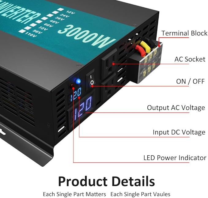 WZRELB 3000W 12V 110V Pure Sine Wave Solar Power Inverter Homeuse DC to AC System