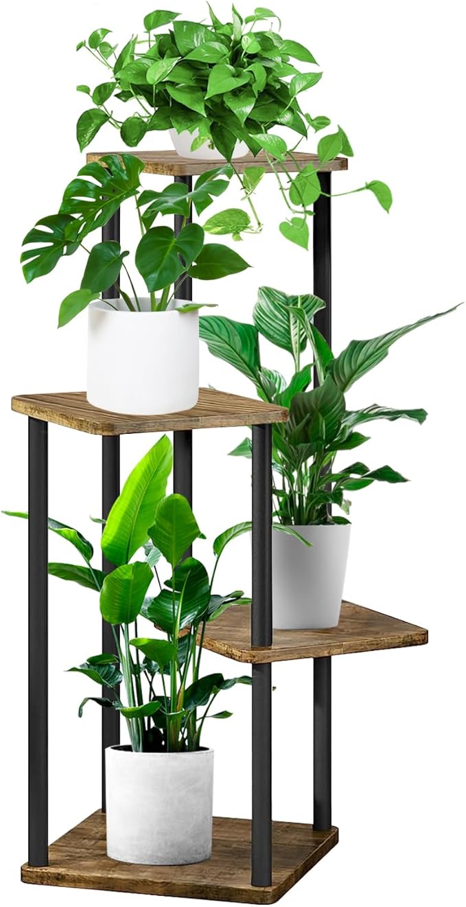4 Tier Wood Tall Plant Stand Metal Rack Indoor, Multiple Flower Pot Holder Shelves Corner Rack, Planter Shelf Display Rack Storage Organizer for Patio Living Room Balcony Garden(Black)