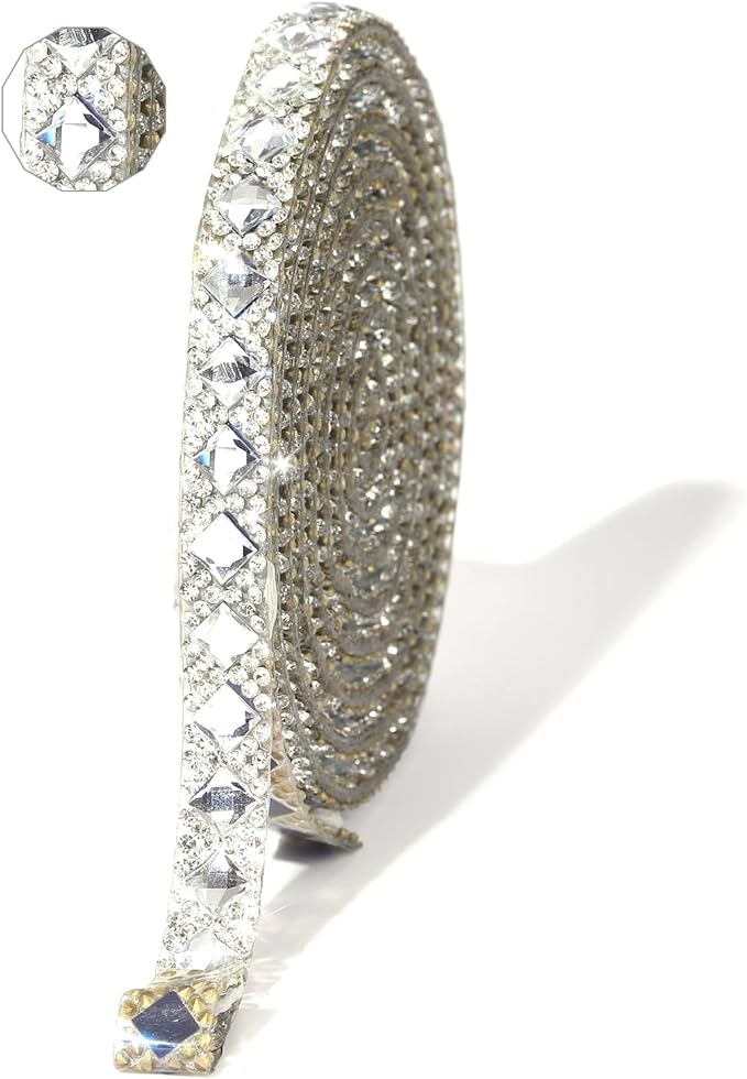 Rhinestone Ribbon 3 Yards Self Adhesive Rhinestone Strips Diamond Ribbon Sticker Crystal Roll Glitter Bling Rhinestones Tape for Crafting DIY Art Decoration (Clear,0.4 Inch)