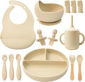 Silicone Baby Feeding Set 14 Pcs,Baby Led Weaning Supplies, Baby Spoons Suction Bowl Divided Plate Bib Cup Finger Brush,First Stage Solid Food Eating Utensils - 6+ Months(Beige)