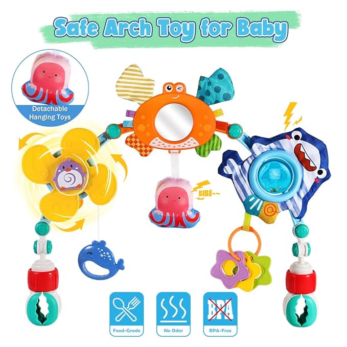Baby Stroller Car Seat Toys,Adjustable Crib Mobile Activity Arch Toys with Sound Toy and Baby Hanging Toys,Sensory Play Travel Bouncer Bassinet Toy for Toddler Boy Girl 0 3 6 9 12 24 Month