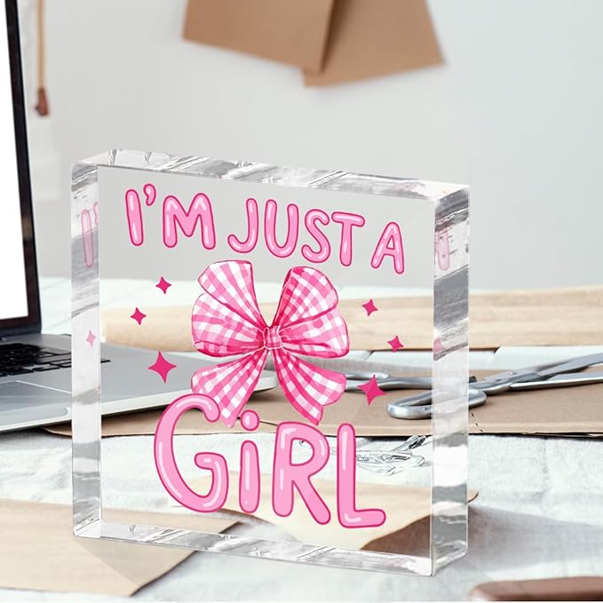 Positive Affirmation Gifts for Women Friends, Preppy Desk Decor Acrylic Sign 4X4 Inch, Pink Coquette Bow Desk Accessories Decorative Signs for Table Top Cubicle Room Office