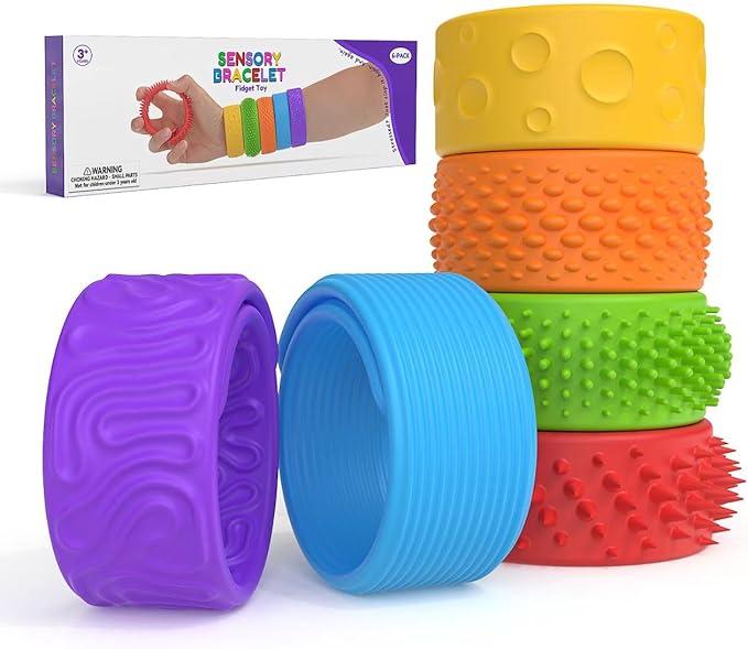 Sensory Fidget Toys Slap Bracelets for Kids, Textured 6 Pack, Stress Fidgets for Anxiety Autism ADHD, Wearable Sensory Toys for Adults Office Desk, Calm Down Travel Airplane Toys