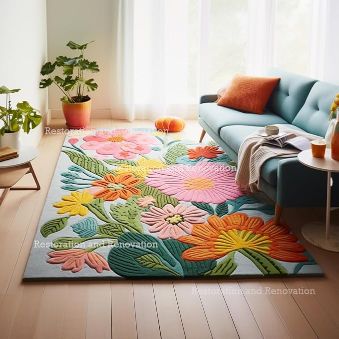 Handmade Wool Floral Area Rug for Living Room | Elegant Flower Garden Design, Soft, Thick and Durable | Bedroom, Dining Room & Home Decor Carpet (6' x 9', Floral F)