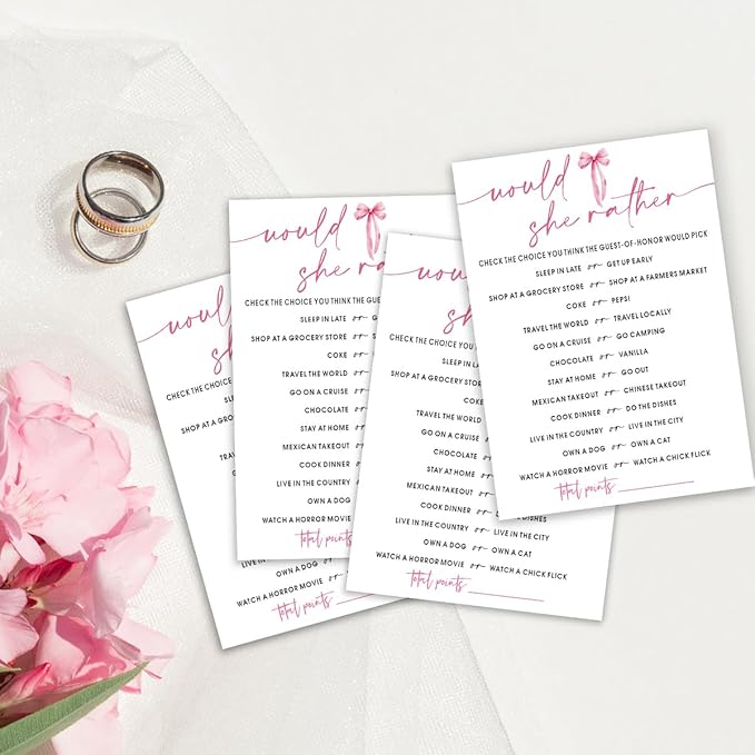 Wedding Shower Games Cards, Would She Rather Bridal Shower Game for 25 Guests, Engagement Party Wedding Games for Guests, Pink Ribbon Bow Wedding Party Supplies - E11