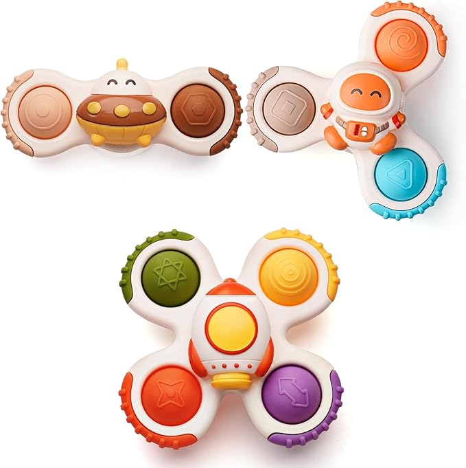 LiKee Strong Suction Cup Fidget Rotating Sensory Bath Toys for Baby 12 18 Months Airplane Car Travel Table & Window Toys for 1 2 Years Old Toddler Boys and Girls (Space-2)