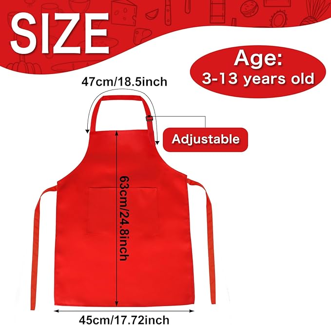 PLULON 4 Pcs Aprons for Kids Adjustable Kids Red Apron Bulk with Pocket Painting Aprons For Boys Girls Painting Cooking Baking (Red)