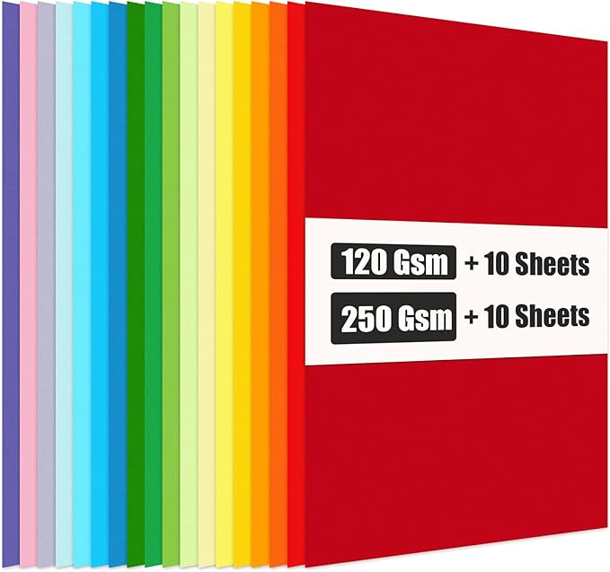 KOOGEL 20PCS Colored Paper, Including 10 Sheets 120gsm Construction paper & 10 Sheets 250gsm Assorted Color Cardstock, for Kids DIY Crafts, School Teaching Supplies