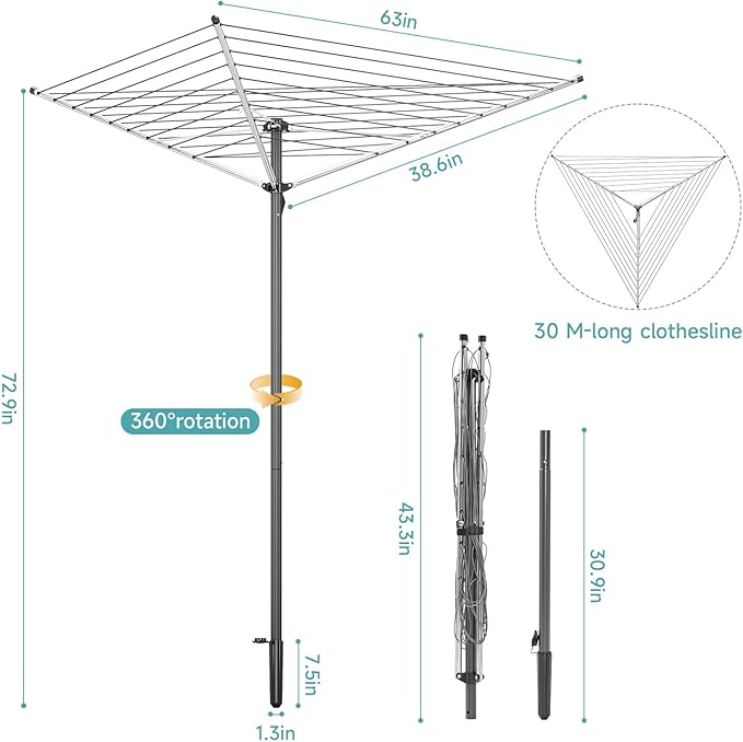 APEXCHASER Clothes Drying Rack, Outdoor Umbrella Drying Rack, Rotary Metal Drying Rack Clothing Foldable, 3-Arms Umbrella Clothesline with 98ft, Steel Frame, Backyard