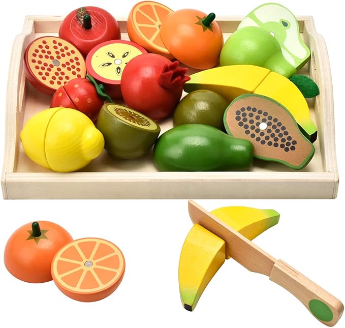 Wooden Toys for 2 Year Old - Pretend Play Food Set for Kids Play Kitchen,9 Cuttable Toy Fruit and Veg with Wooden Knif and Tray,Gift Idea for Boys Girls Birthday