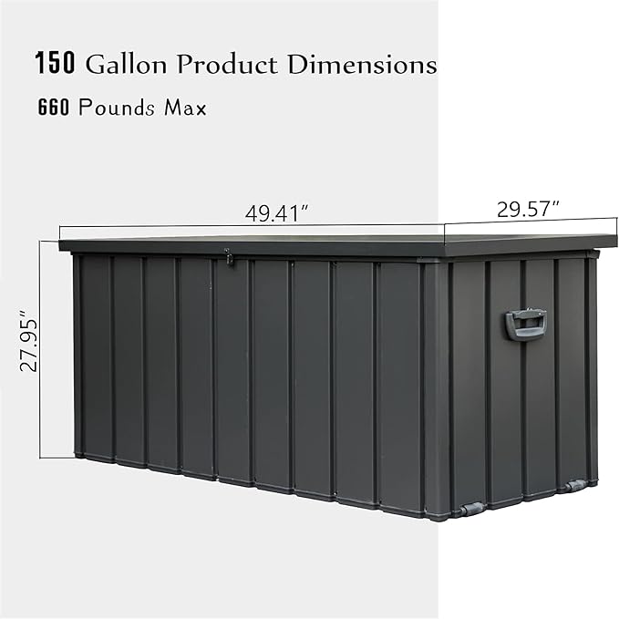 KUIKUI 150 Gallon Deck Box Waterproof, 150 Gallon Outdoor Storage Box, Metal Deck Box Waterproof for Pool Patio Cushions and Sports Pools Equipment, Dark Gray