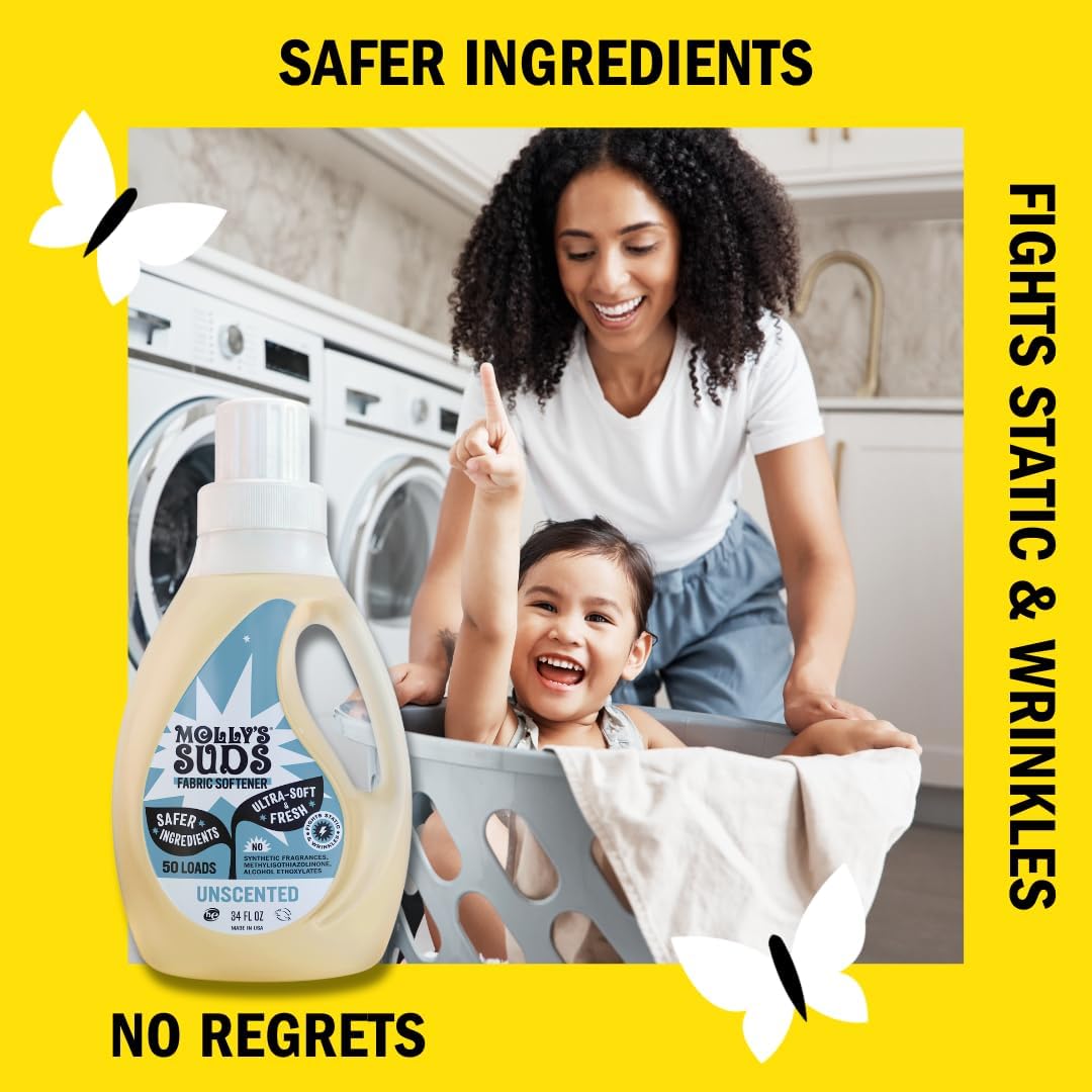 Molly’s Suds Fabric Softener Liquid for Sensitive Skin | Vinegar-Powered, Infused with Essential Oils | Fights Static, Reduces Wrinkles, Deodorizes | Unscented, 50 Loads