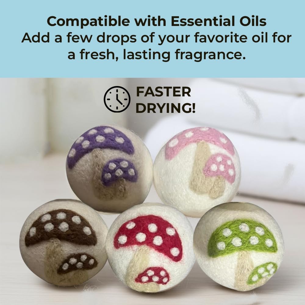 Ezhippie Quality Wool Dryer Balls - 6 XL Mushroom Pack - 1000+ Loads - Pure Organic Wool - Reusable Natural Fabric Softener Perfect with Essential Oils, Reduce Clothing Static and Wrinkles