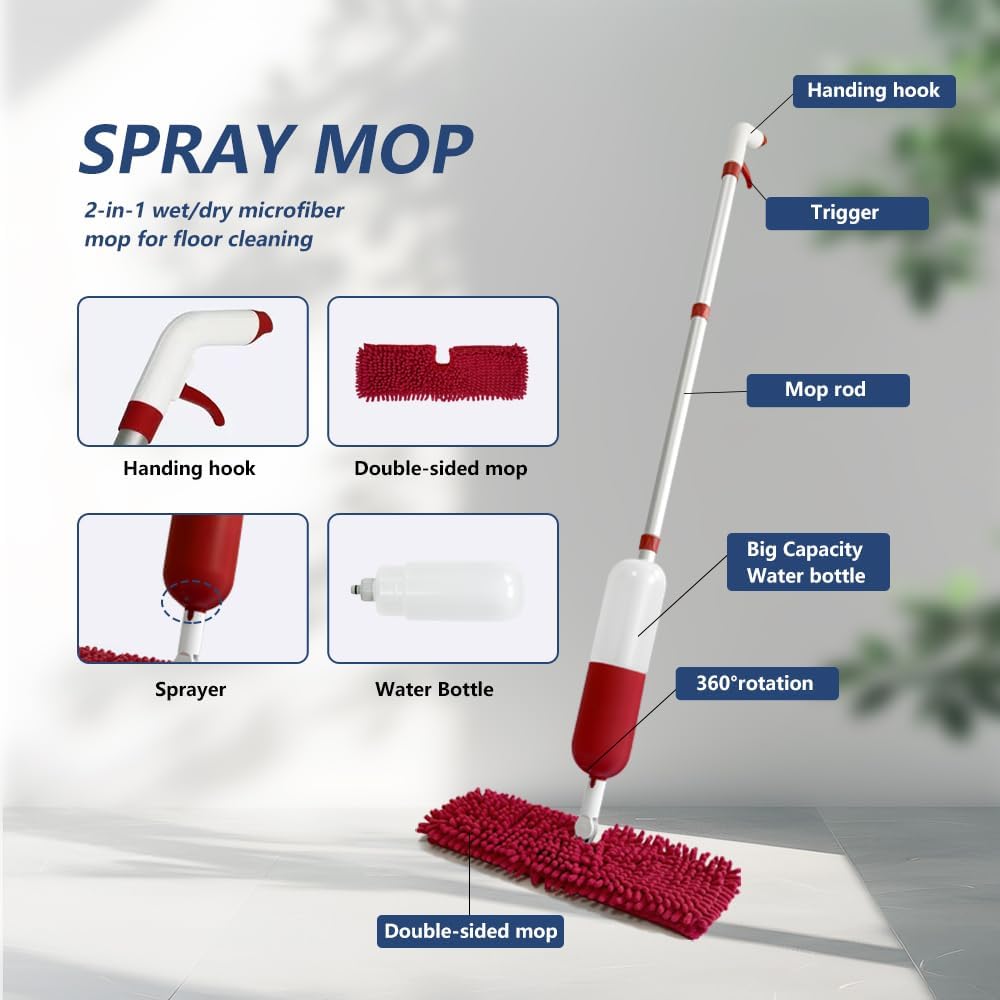Spray Mop for Floor Cleaning Wet & Dry Mops Multi-Purpose Spray Mop - 2-in-1 Dry and Wet Microfiber Floor Cleaning mop,Comes with a 650 ml Reusable can Bottle