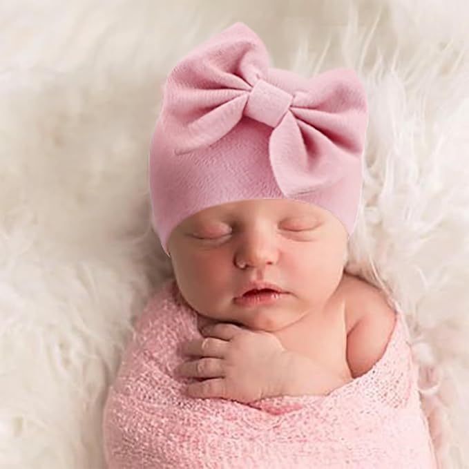 BQUBO Newborn Baby Hats Mittens Set Hospital Hat Beanie Infant Bow Hats Baby Gloves No Scratch Mittens for 0-6 Months