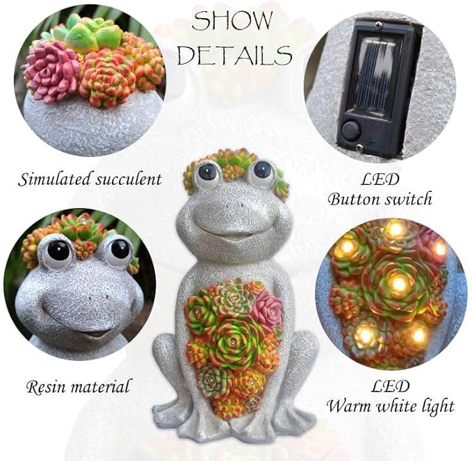 Large Frog Solar Garden Outdoor Statues with Succulent and 8 LED Lights,Outside Solar Frog Art Decor for Lawn,Yard, Balcony Ornament