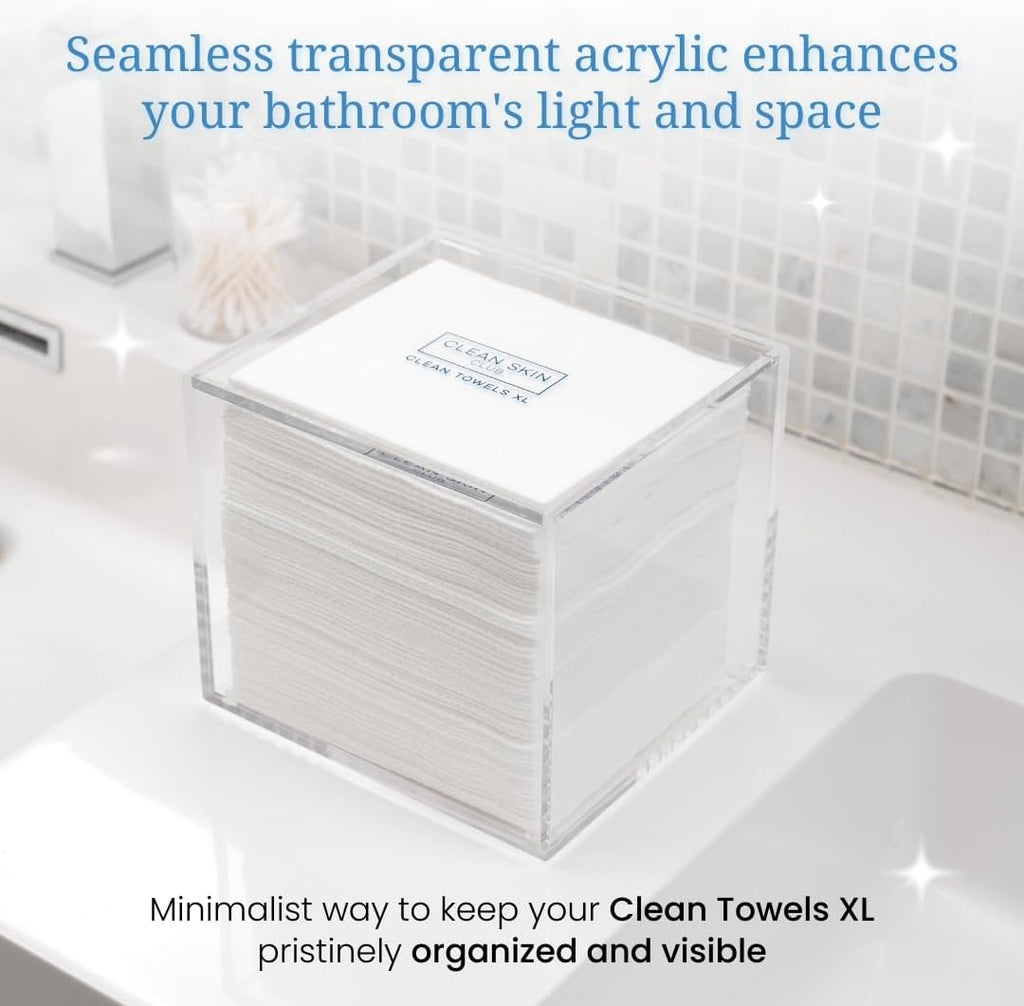 CLEAN SKIN CLUB Clear Acrylic Box for Clean Towels XL (NOT Included), Container For 50 Disposable Clean Towels XL, Face Towelettes Bathroom Counter Storage, Bin for Cleansing Facial Dry Wipes