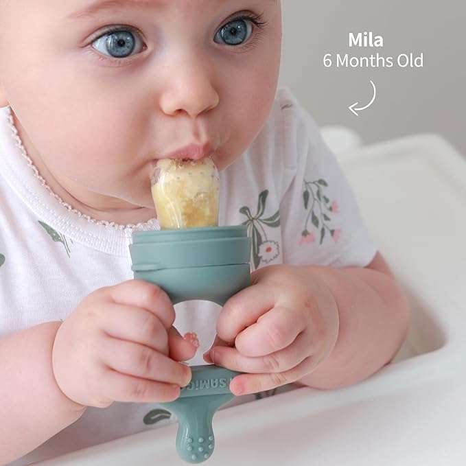 SAMiGO Baby Food Fruit Feeder and Breastmilk Popsicle Mold Set, Silicone Fruit Teether, Food Feeder Pacifier for Teething Relief, Freezer Tray, Baby Feeding Essentials, 4 Months+
