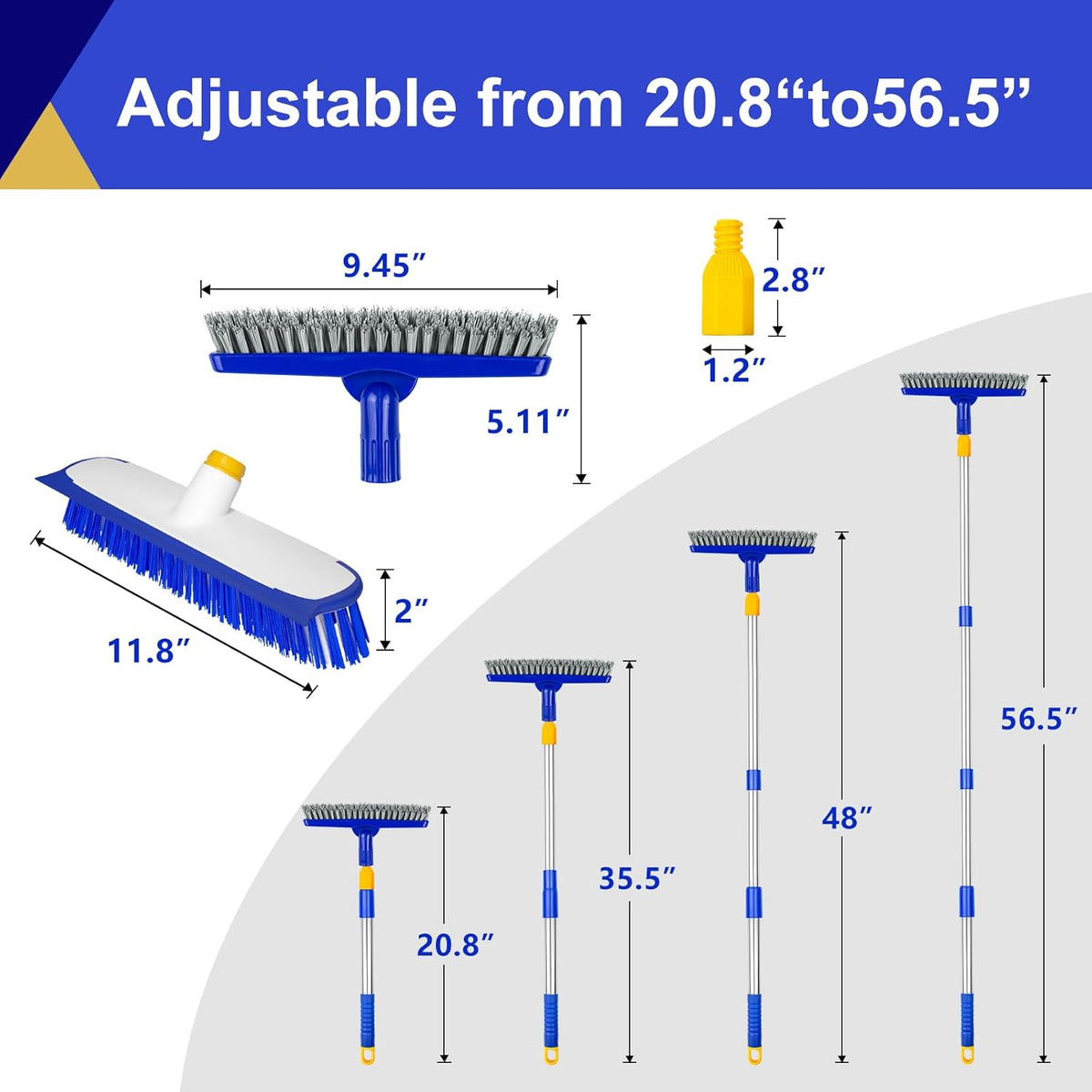 ITTAHO 12" Wide Floor Scrub and Grout Brush Set With Long Extendable Handle - Stiff Bristle Heavy Duty Cleaner for Tile, Deck, Garage, Kitchen, Bathroom