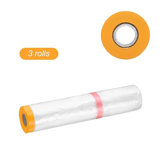 HARFINGTON 3 Rolls Pre-Taped Masking Film 177.2" x65.6ft Double Adhesive Tape and Drape Painters Plastic Drop Cloth Film with Tape Plastic Sheeting for Automotive Painting Covering