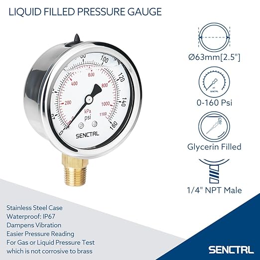 SENCTRL 0-160 Psi Glycerin Liquid Filled Air Pressure Gauge, 2.5" Dial Size, 1/4" NPT Lower Mount, Stainless Steel Case, Water Pump, Tire, Large Air Compressor, Well Pump, RV Regulator Pressure Test