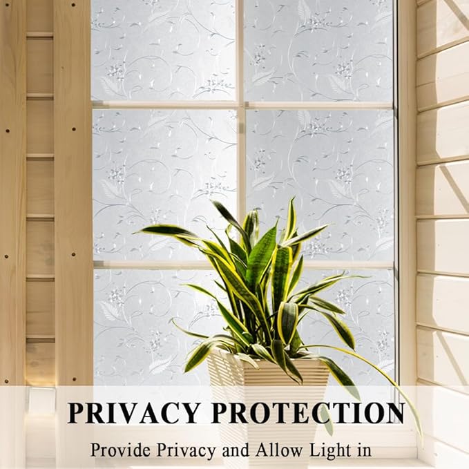 Mikomer Privacy Window Film Etched Flowers Static Cling Glass Door Film, Non Adhesive Heat Control Anti UV Window Cling for Office and Home Decoration,35 inches by 157 inches