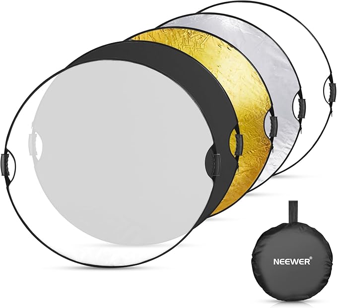 NEEWER 51"/130cm Light Reflector with Handle Grip & 3/8" Thread, 5 in 1 Foldable Disc Light Diffuser Translucent/Silver/Gold/White/Black for Photography Lighting, Outdoor Lighting, RF-130II