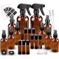 Glass Spray Bottle Kit×10 (2×16oz, 2×4oz, 6×2oz), 9×10ml Roller Bottles, Anti UV, Multi Size and Versatile, Suitable for Aromatherapy, Facial Moisturizing, Watering, etc.(Amber)