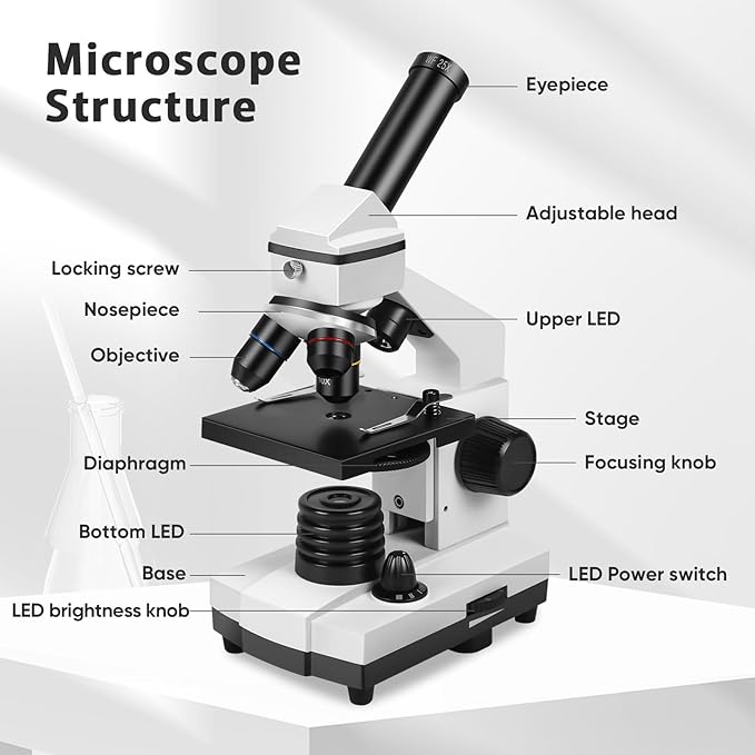 Microscope for Adults Professional:Compound Microscope for Kids 8-12,100X-2000X Kids Microscope Kit with Prepared Microscope Slides and Covers,Plant Stereo Microscopes for Kids Homeschool Lab