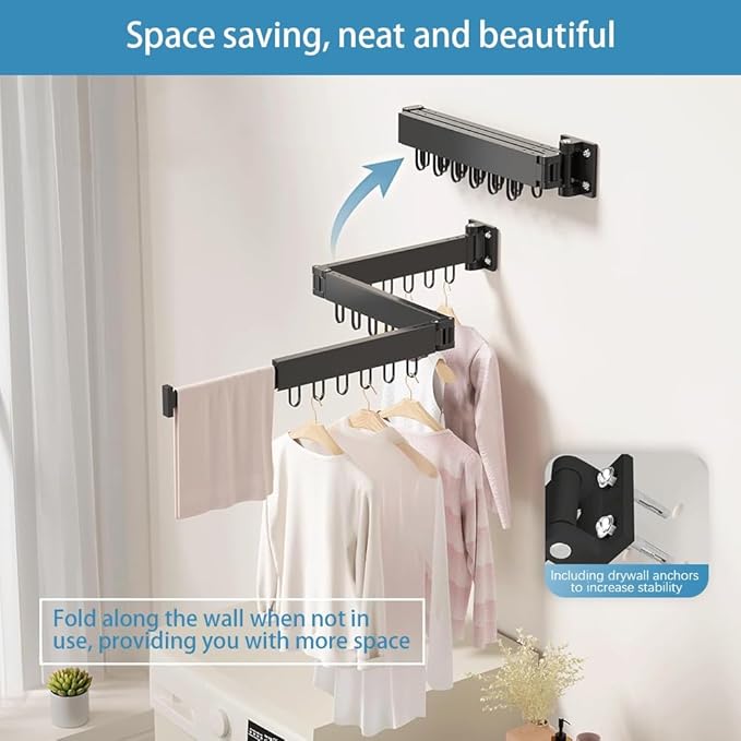 Clothes Drying Rack Wall Mounted,Space Saving Wall Drying Rack,Retractable Collapsible Tri-Fold,for Bathroom,Balcony,Outdoor lndoor with Laundry,Black