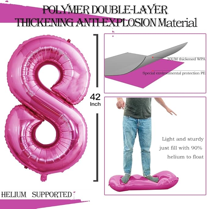 GOER Hot Pink Foil Balloons Number 8,Huge Number Balloons for 8th Birthday Party Supplies Anniversary Decorations(3 pcs,42 inch,32 inc,16inch)