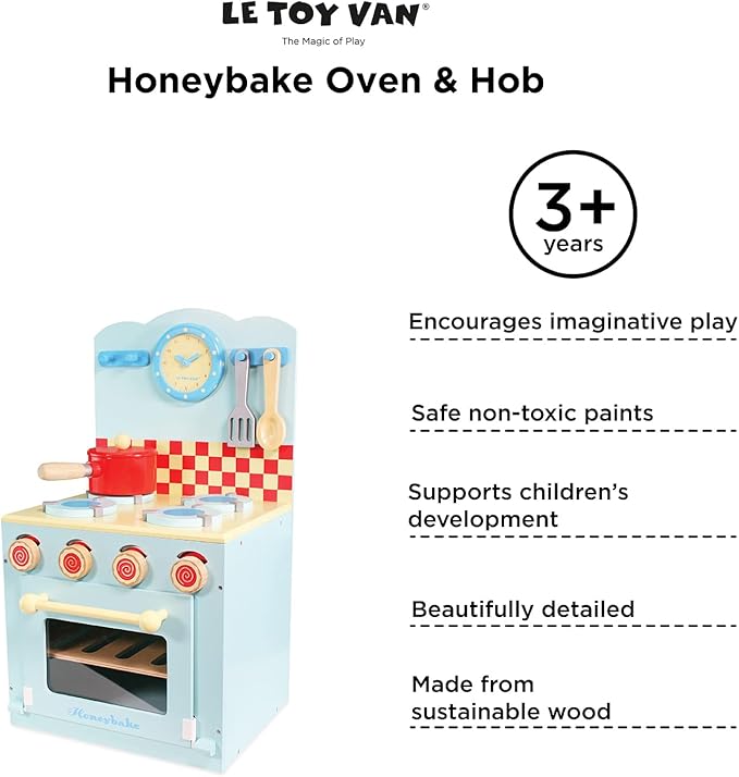 Le Toy Van - Educational Wooden Honeybake Oven & Hob Blue Set Pretend Kitchen Play Toy | Girls Role Play Toy Kitchen Accessories (TV265)