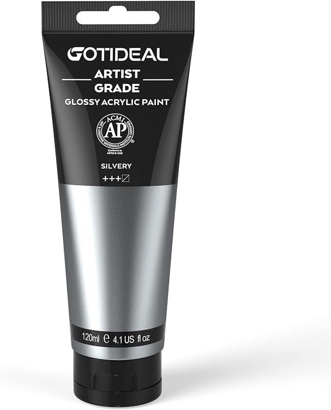 GOTIDEAL Metallic Acrylic Paint Silver Tubes(120ml, 4.1 oz) Non Toxic Non Fading,Rich Pigments for Painters, Adults & Kids, Ideal for Canvas Wood Clay Fabric Ceramic Craft Supplies (Silver)