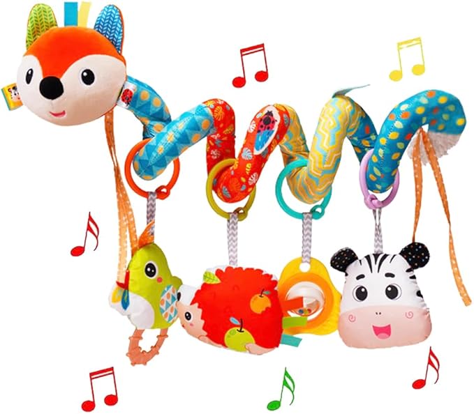 Baby Car Seat Toys, Infants Activity Spiral Plush Toys for Babies 0-6 Months Hanging Stroller Toy Gift for Infant Boys and Girls 0 3 6 12 Months Newborn Sensory Toy with Rattles Squeaker Music - Fox