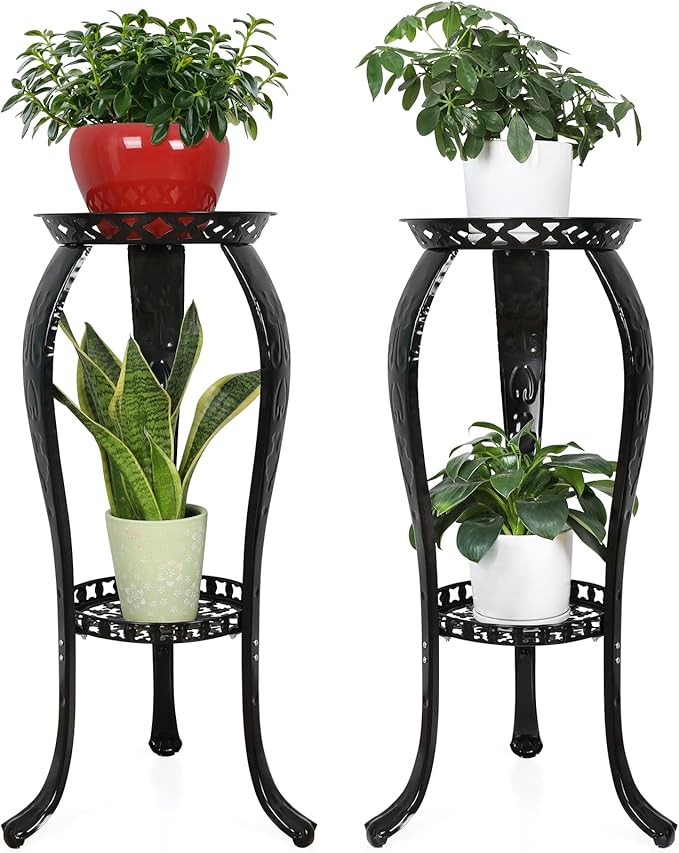 Ufine 2 Tier Metal Plant Stand Indoor Outdoor Iron Art Flower Pot Holder Tall Plant Display Rack for Corner Porch 2-Pack, Black