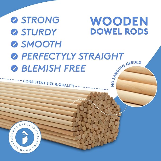 Dowel Rods Wood Sticks Wooden Dowel Rods 3/16 x 18 Inch Unfinished Hardwood Sticks for Crafts and DIYers 50 Pieces by Woodpeckers