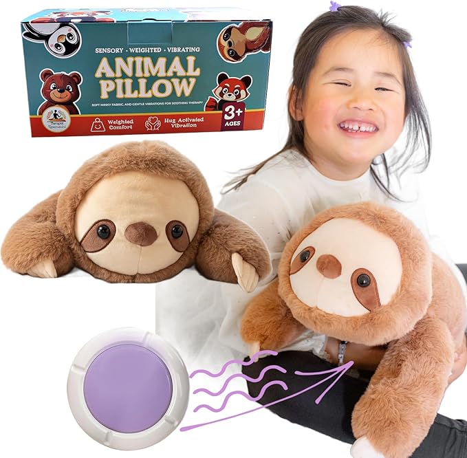 Sloth Sensory Weighted Vibrating Pillow, Pressure Activated for Kids Adults, Plush Minky Soft Size: 11 by 20 inches Pillow Animal, Calming Therapy for Focus and Balance for Gift Birthday