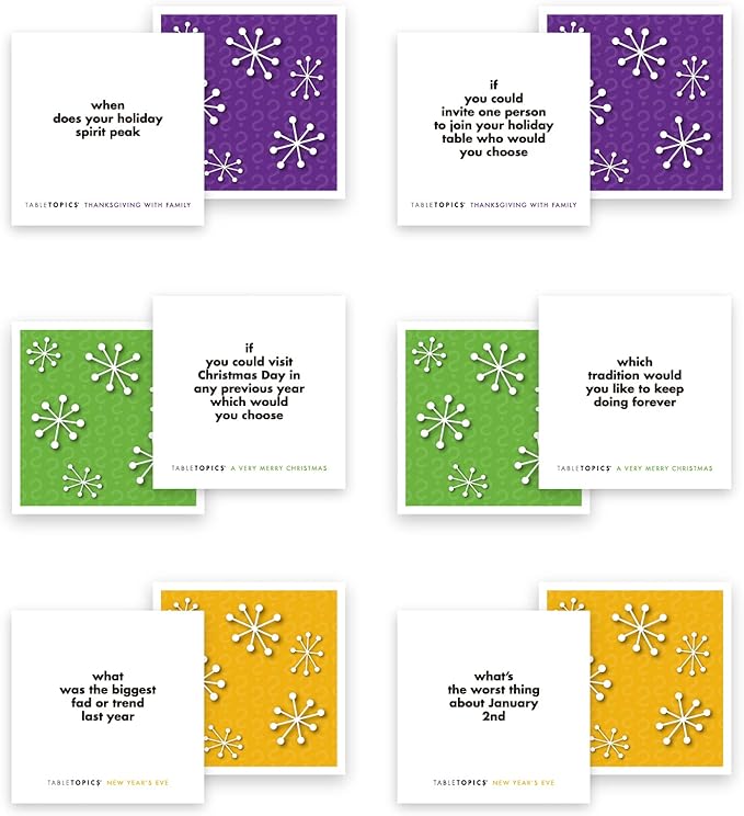 TableTopics Holiday Conversation Pack Card Game - 120 Festive Conversation Starter Cards for Thanksgiving, Christmas, & New Year's Parties, Dinner Table Game for Family Bonding, Boxed Set of 3 Topics