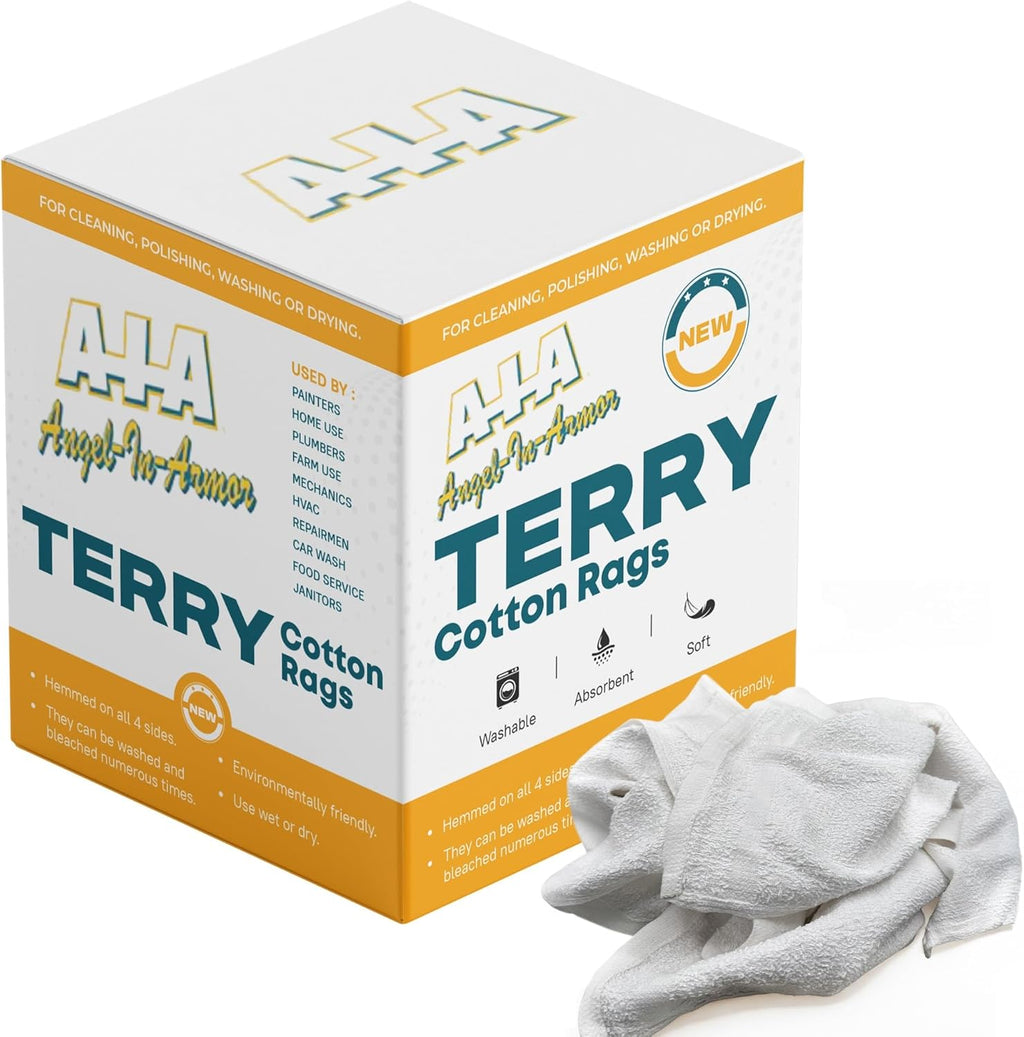 Angel-in-Armor White Terry Cloth Rags (16” x 19”) – 25lb Bulk Box of 100% Cotton Cleaning Rags – Reclaimed Towels for Plumbers, Shop Use, Janitorial, and Commercial Cleaning
