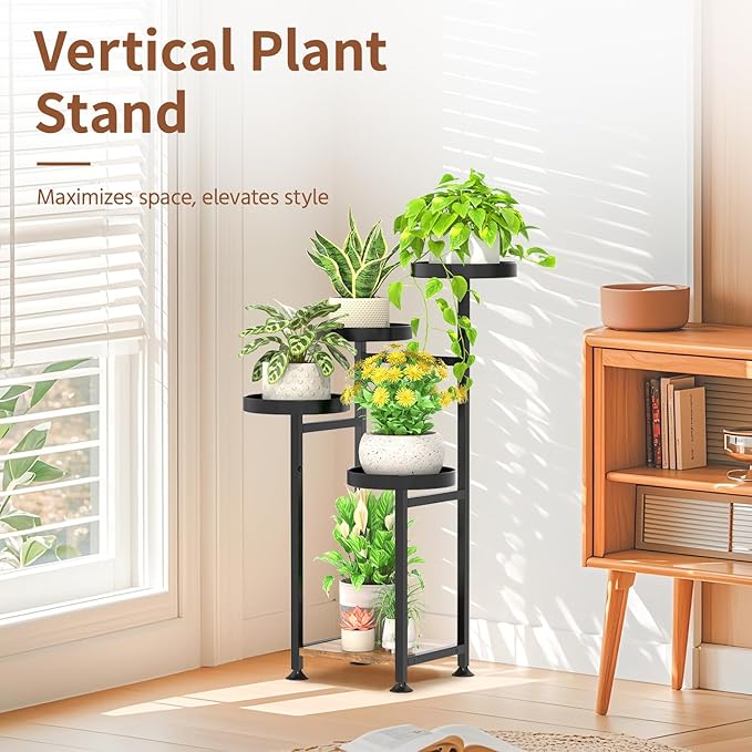 LASZOLA 5 Tiered Black Plant Stand Indoors for Multi Larger Heavy Duty Planter, Sturdy Flowers Rack for Narrow House Inside, Decorate for Herb Tree, Metal Ladder Shelving with Wood Base, Space Saving