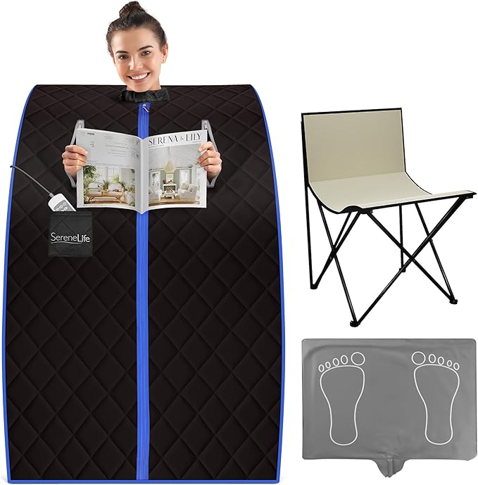 SereneLife Portable Sauna Box for Home, Infrared Sauna Tent with Heated Foot Pad and Folding Chair, Remote Control In-Home Spa, 38" x 32” - (Black)