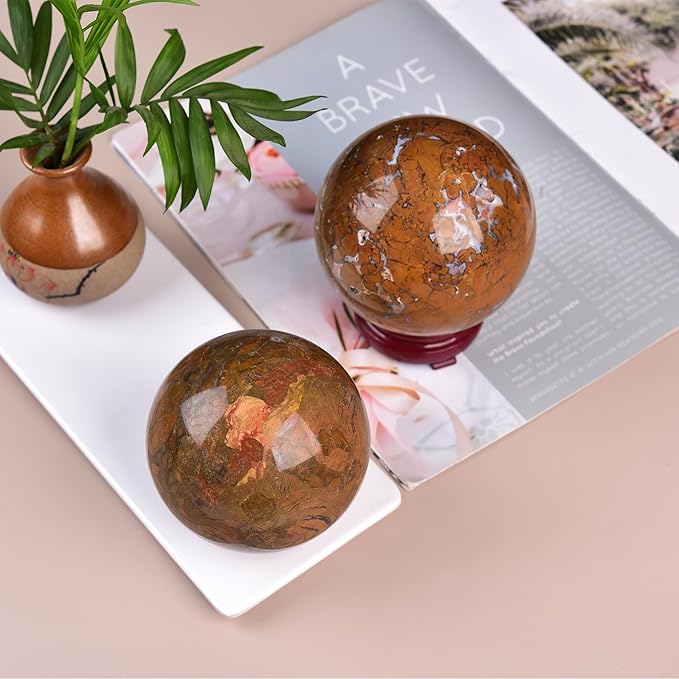 JIC Gem Natural Large Healing Crystal Sphere Ball Yellow Agate Crystal Decorative Ball with Display Stand Chakra Meditation Fengshui (100-110mm)