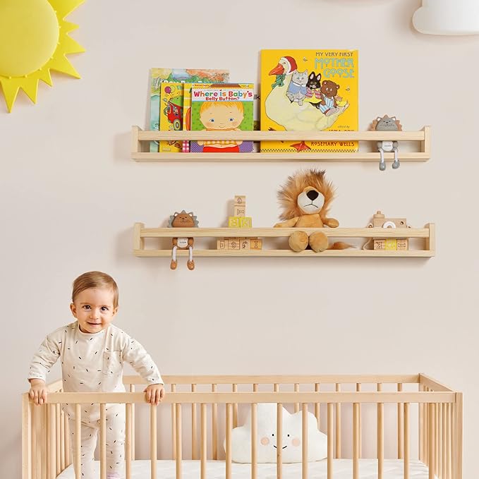 Fun Memories Nursery Book Shelves - Rustic Natural Solid Wood Floating Bookshelf for Kids - Wall Book Shelves for Kids Room (Natural, 32inch - 2P)