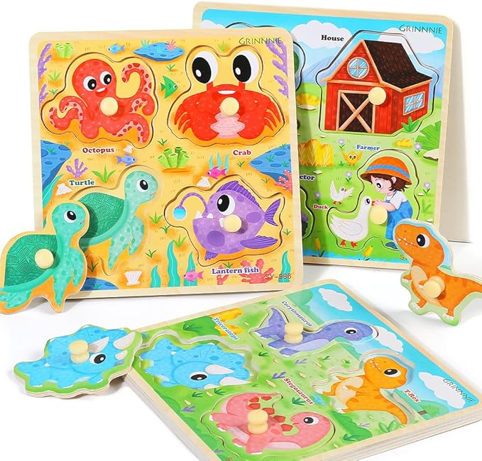 GRINNNIE Wooden Toddler Puzzles, 1 2 3 Years Old Learning Montessori Peg Puzzle Toy Set for Toddlers, 4 Pcs Educational Portable Size Travel Knob Puzzle Toys, Gift for 1-3 Boy Girl Birthday Christmas